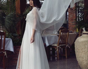 bridal cover up made of chiffon. wedding cape with a train, perfect to wear in church as an alternative for veil, wedding cover up