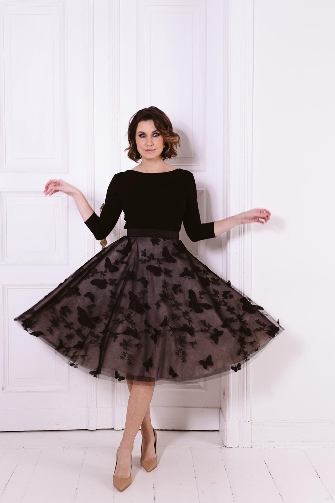 Black Butterfly Tulle Midi Skirt, 3D Embroidery, Elegant Champagne