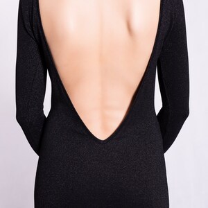 Backless black maxi dress evening bodycon elegant dress with a slit deep back scoop shiny fabric well fitted dress long sleeves image 8