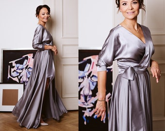 Silk skirt with a slit, silver gray skirt maxi, high-waisted elegant skirt