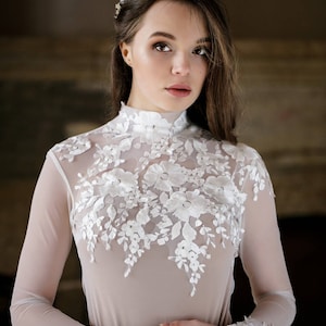 lace bodysuit, wedding separates, longsleeve lace blouse, bridal longsleeve, lace high neck, white bodysuit, wedding gown separates, bridal image 3
