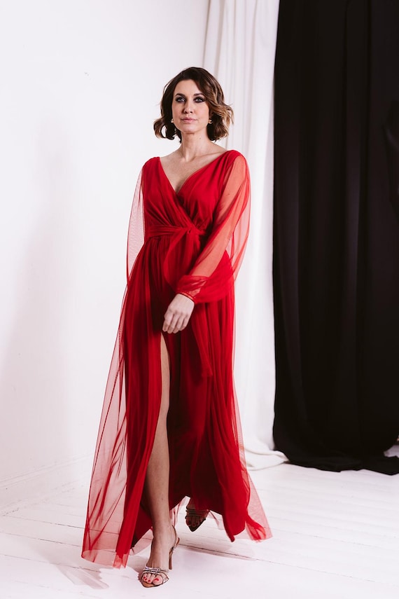 Vestido vermelho com fenda, comprimento longo de Vestido