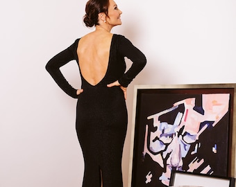 Backless black maxi dress - evening bodycon elegant dress with a slit - deep back scoop - shiny fabric - well fitted dress long sleeves