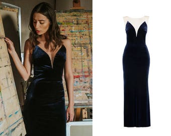 formal velvet maxi dresss - evening bodycon dress - sexy floor length gown - elegant backless dress -  deep v neck velour ankle dress