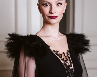 Black bodysuit with puffy tulle sleeves, evening top with feathers and embroidery