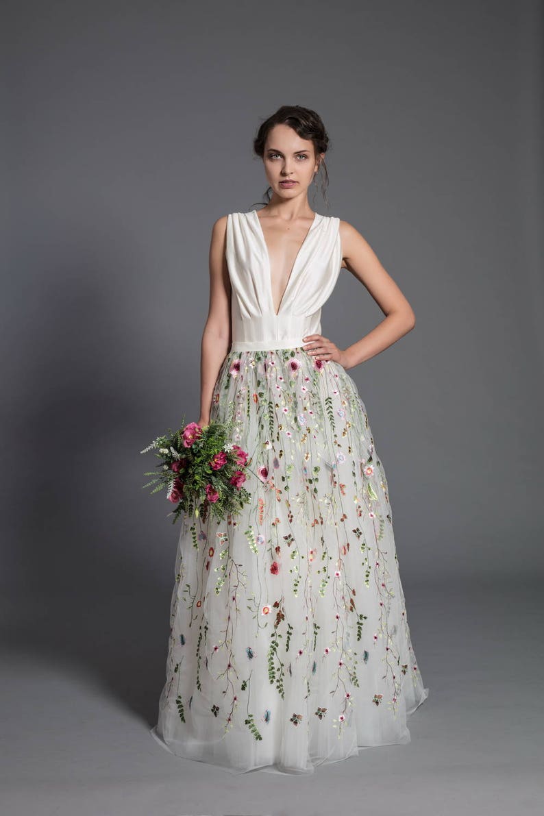 Floral wedding skirt, off white maxi tutu tulle skirt, lace maxi skirt, floral tutu skirt, wedding gown, embroidery tulle skirt, maxi skirt image 4