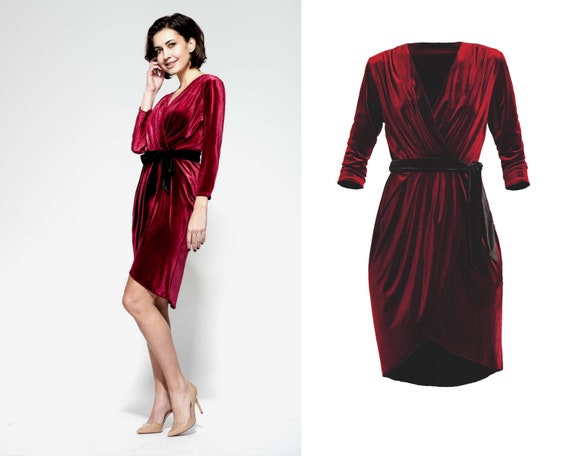 burgundy envelope dress velvet wrap dress casual midi dress v neck dress party dress velvet cocktail dress, calf length burgundy envelope dress velvet wrap dress casual midi dress v neck dress party dress velvet cocktail dress, calf length