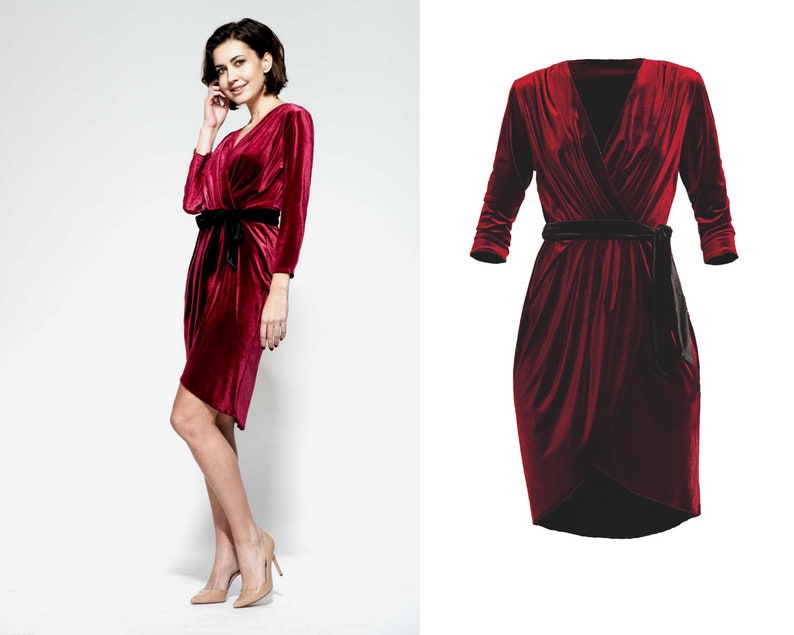 maroon velvet wrap dress