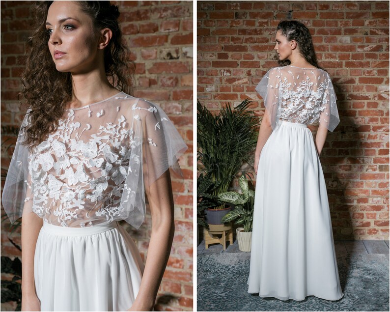 Bruiloft lace blouse met korte mouwen. Ecru Bruidsmode image 1