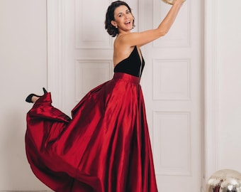 Saia Maxi de Seda Shantung – Vermelho Rubi, Saia Formal com Barra Assimétrica, Feita Sob Medida