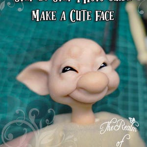 Puede incluir: Una escultura caprichosa de una cara sonriente con orejas grandes y una nariz prominente. El texto "STEP BY STEP PHOTO GUIDE MAKE A CUTE FACE" se muestra encima de la cara. The Realm of Queen Mab está escrito en cursiva debajo.