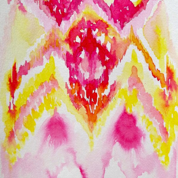 Ikat Inspired Original Abstract Watercolor Painting - LanasArt - Contemporary Home Decor