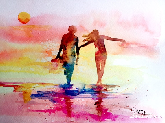 Coucher De Soleil Romantique Les Amateurs Dimprimer Aquarelle Illustration Du Voyage Moderne Peinture Aquarelle Océan Bliss Salé Vie