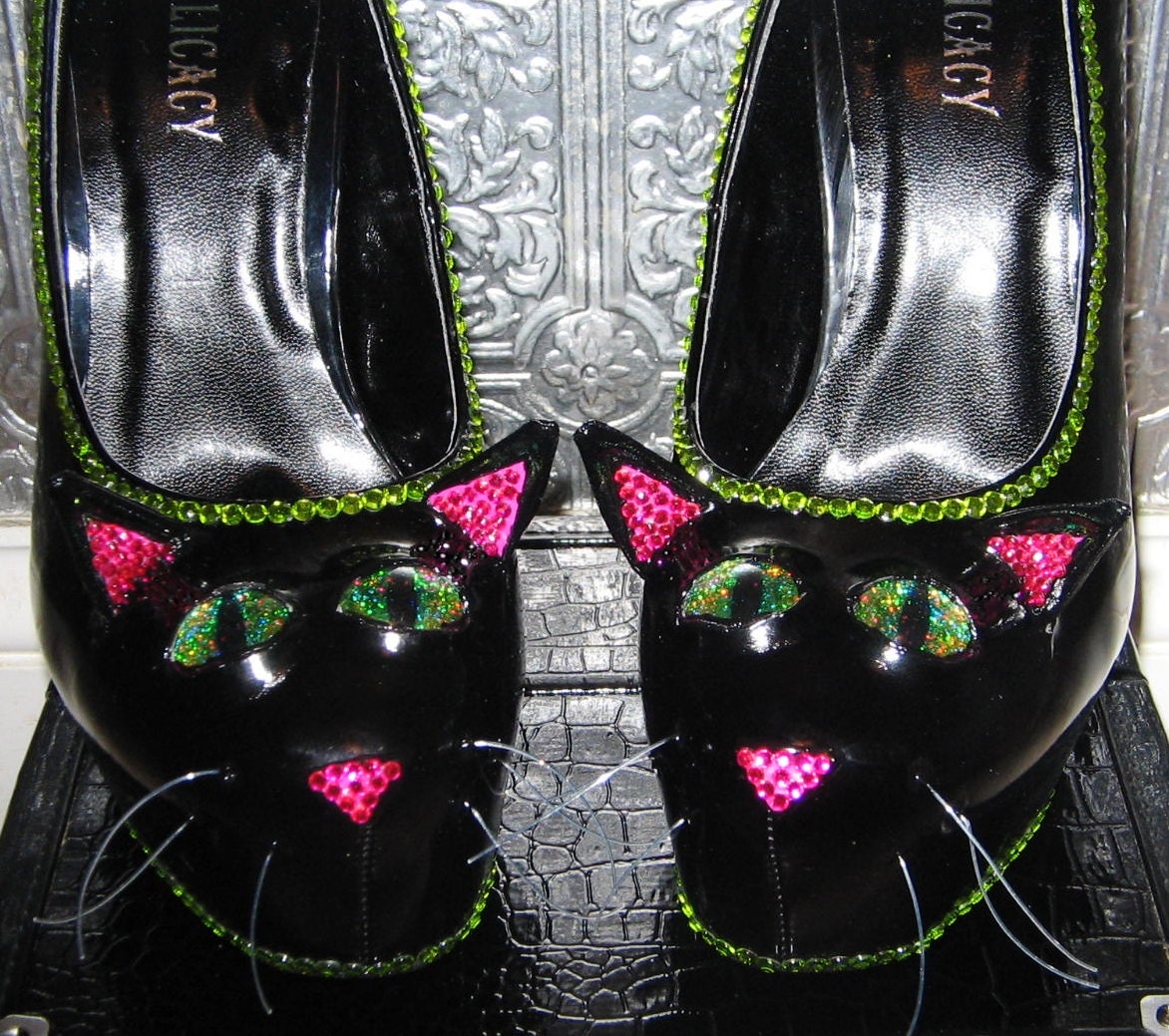 Black cat heels with rhinestones and glittered soles Etsy