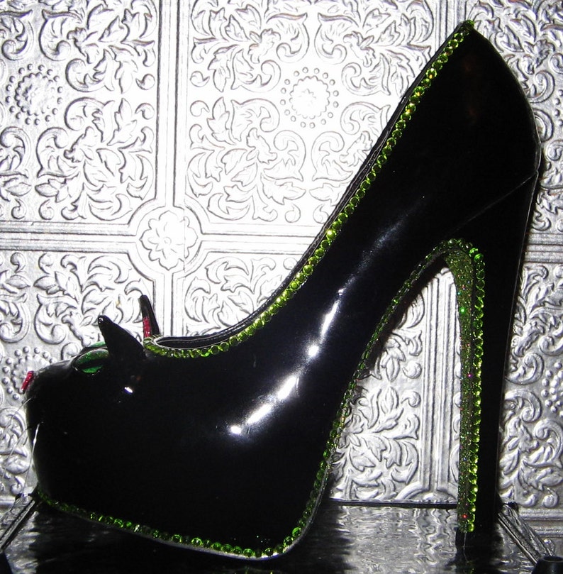 Black cat heels with rhinestones and glittered soles Etsy