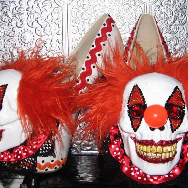 evil skull clown heels with details and glittered soles