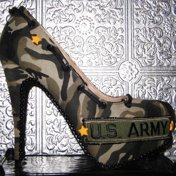 camouflage army high heel shoes with glittered soles