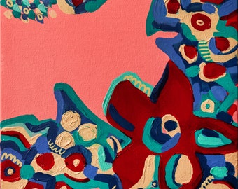 Puede incluir: Pintura abstracta acrílica sobre lienzo. La obra presenta un fondo rosa coral con formas audaces en rojo, azul, verde azulado y crema. La composición incluye formas orgánicas y elementos geométricos, creando una experiencia visual dinámica.