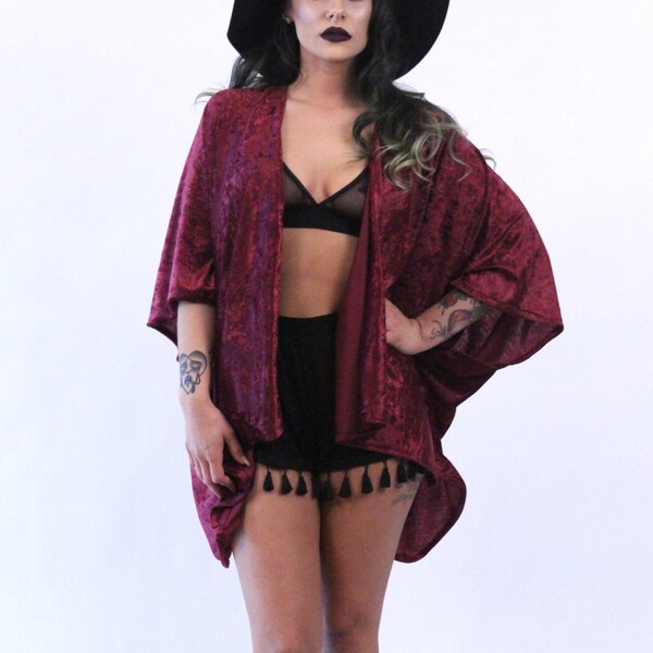 Maroon Crushed Velvet Kimono