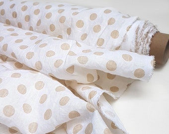 Polka doted Linen fabric by yard . White linen fabric with spots. Natural linen fabric for dress, apparel softened linen fabric