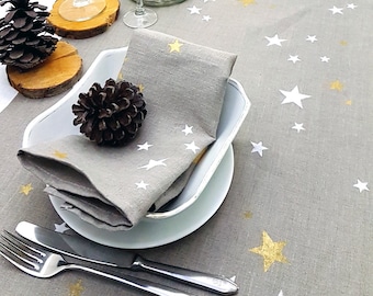 Christmas cloth napkins, dinner napkins, hand print white  and gold stars, on  natural linen 100%, Eco-friendly, Linen fabric . handmade.