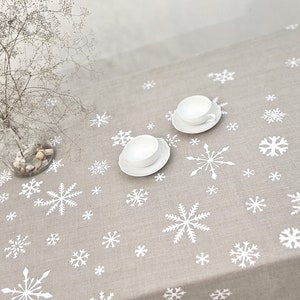 Christmas tablecloth, pure linen hand print snowflakes tablecloth, natural linen tablecloth, Winter table decor