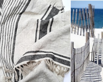 Linen beach blanket towel, Coastal towel,  linen blanket, Linen summer blanket, Vintage linen beach towel, Picnic plaid, Raw linen blanket