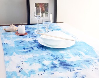 Ice dye linen Tablecloth,  blue table runner , dyed linen table runner , Beach house table decor, custom size are welcome
