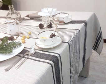 Rustikale Gestreifte Leinentischdecke: Schwere Naturleinen Tischdecke