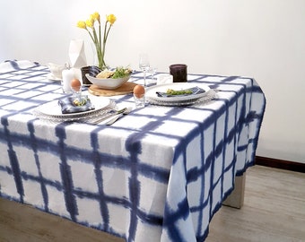 Shibori indigo blue tablecloth, handmade batik linen tablecloth , hand dyed linen tablecloth , custom size are welcome