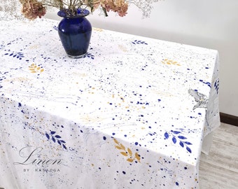 Navy blue, gold print  Tablecloth. Gift for new home. Rectangular tablecloth hand print with blue gold , floral - birds  , housewarming gift