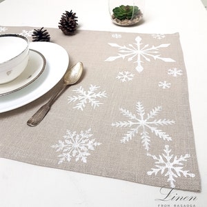 Winter Place mats. Linen place mats. Modern Christmas Hand print white snowflakes on natural linen ,table linens, Handmade. image 2