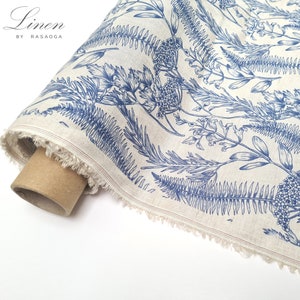 Floral Linen fabric by the yard / Blue print Apparel Linen fabric / Apparel linen fabric / Flax linen fabric.