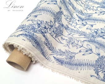 Tessuto di lino floreale tagliato su misura / Tessuto di lino per abbigliamento con stampa blu / Tessuto di lino per abbigliamento / Tessuto di lino di lino.