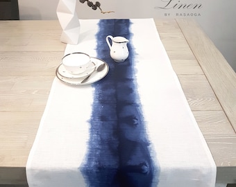 Blue shibori   linen  table runner , tie dyed linen table runner, Linen tableware,  blue linen tablecloth, Pure linen tablecloth