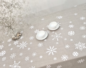 Nappe de Noël, nappe flocons de neige en lin pur lin imprimé à la main, nappe en lin naturel, décoration de table d'hiver