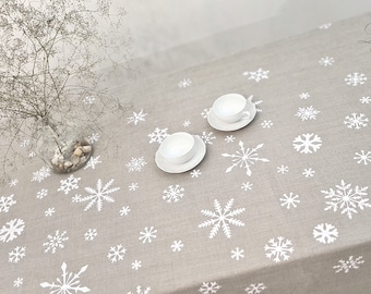 Christmas tablecloth, pure linen hand print snowflakes tablecloth, natural linen tablecloth, Winter table decor