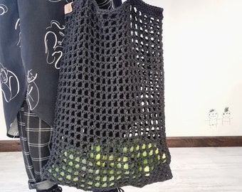 Black Crochet tote bag ,  Market Net Tote, Cotton Mesh Shopping Bag, Beach Bag, Summer Tote Bag, Net Shoulder Bag