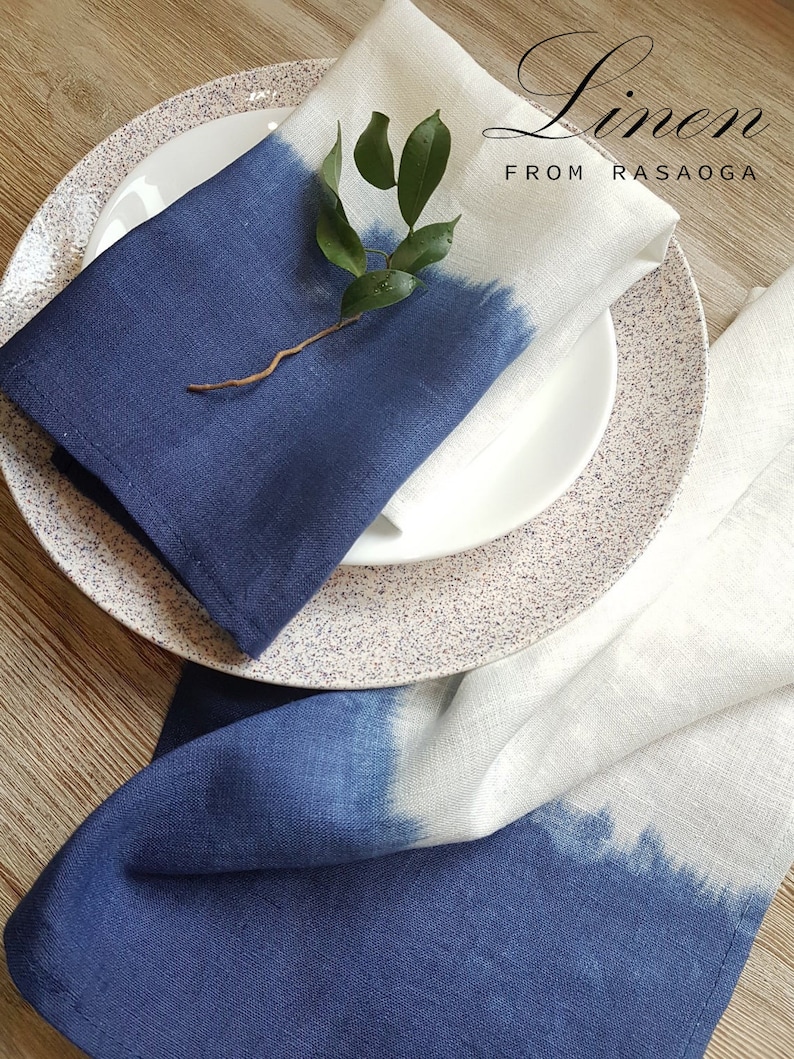 Natural linen napkin / Hand dyed ink blue Modern Dinner Napkins/ white natural linen image 1