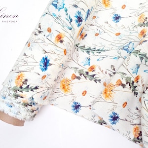Floral Linen fabric by the yard,  Linen fabric meadow flowers. Apparel fabric. Middle weight, dense, washed-softened. Widht 145cm (57&quot;).