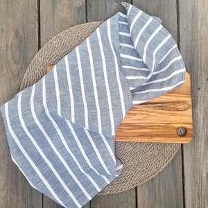 French style linen towel -  Blue gray Striped Linen kitchen towels with loop, dishcloth, Rustic linen tea towels