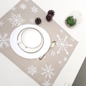 Winter Place mats. Linen place mats. Modern Christmas Hand print white snowflakes on natural linen ,table linens, Handmade. image 7