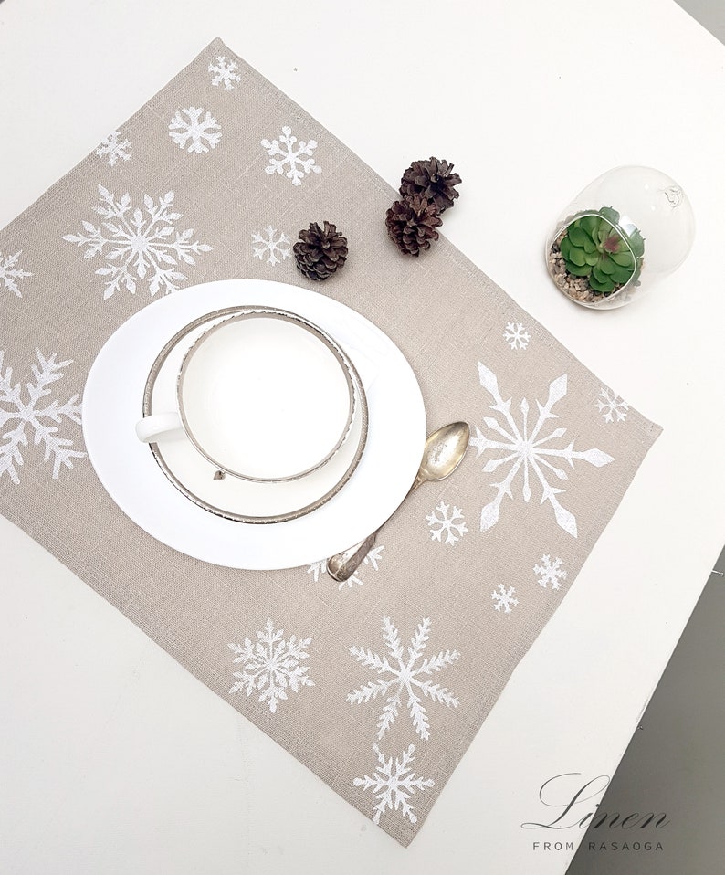 Winter Place mats. Linen place mats. Modern Christmas Hand print white snowflakes on natural linen ,table linens, Handmade. image 7