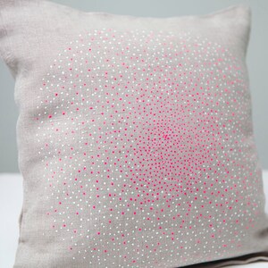 Pillow. Cushion. Linen Hand printed neon pink and white points circle on natural grey linen fabric handmade pillow cushion cover image 4