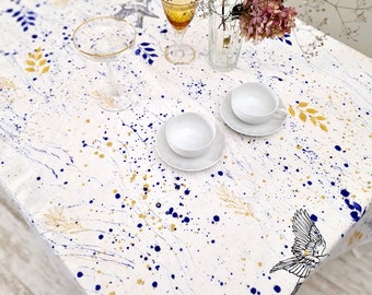 White linen tablecloth. Gift for new home. Rectangular tablecloth hand print with blue gold , floral , housewarming gift