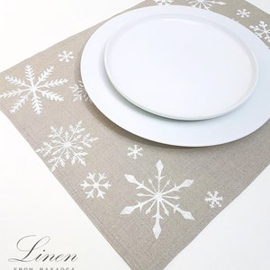 Winter Place mats. Linen place mats. Modern Christmas Hand print white snowflakes on natural linen ,table linens, Handmade. image 1