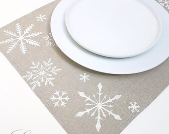 Winter Place mats. Linen place mats. Modern Christmas Hand print white snowflakes on natural linen ,table linens,  Handmade.