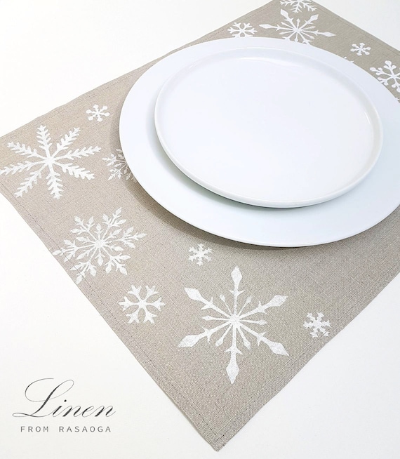 Winter Place mats. Linen place mats. Modern Christmas Hand print white snowflakes on natural linen ,table linens,  Handmade. Craftsmanship