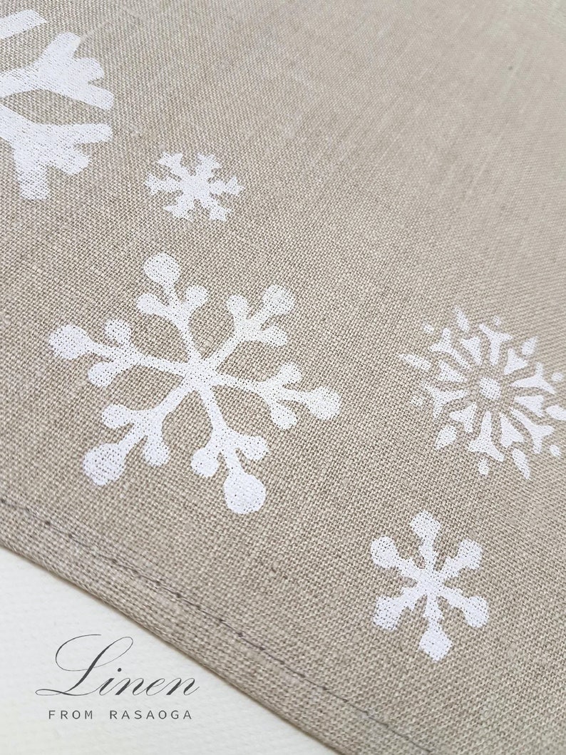 Winter Place mats. Linen place mats. Modern Christmas Hand print white snowflakes on natural linen ,table linens, Handmade. image 6