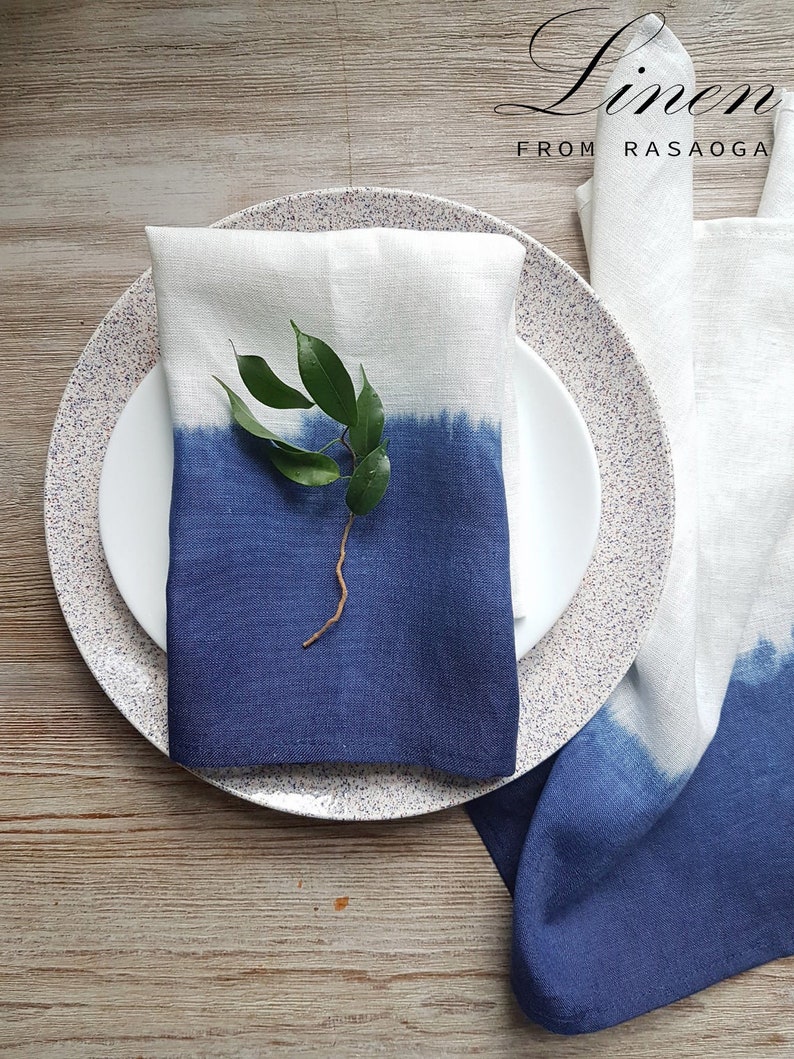 Natural linen napkin / Hand dyed ink blue Modern Dinner Napkins/ white natural linen image 10